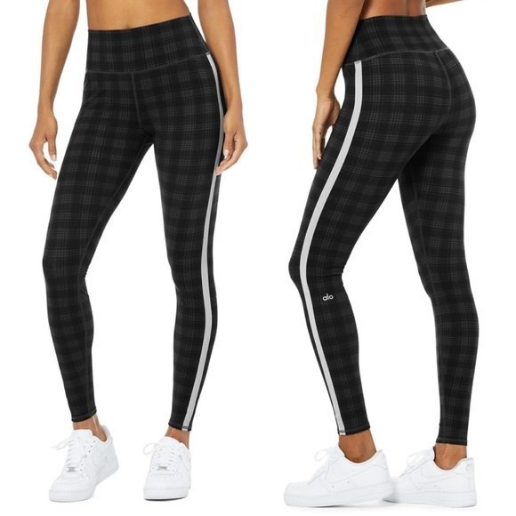 ALO Yoga Pants - NEW Alo Yoga Occasion Leggings S Black Gray Plaid Reflective Stripe High-Waist